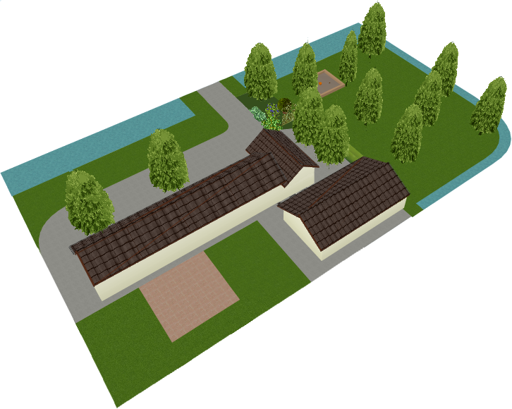 Een impressie van bovenaf. Spelen kan in de boomgaard rechts, of op het pleintje links.